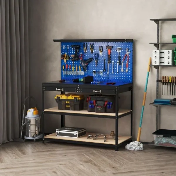 Pro-Tect Large Metal Workbench with Pegboard and Drawer and Shelves - Navy - Image 3