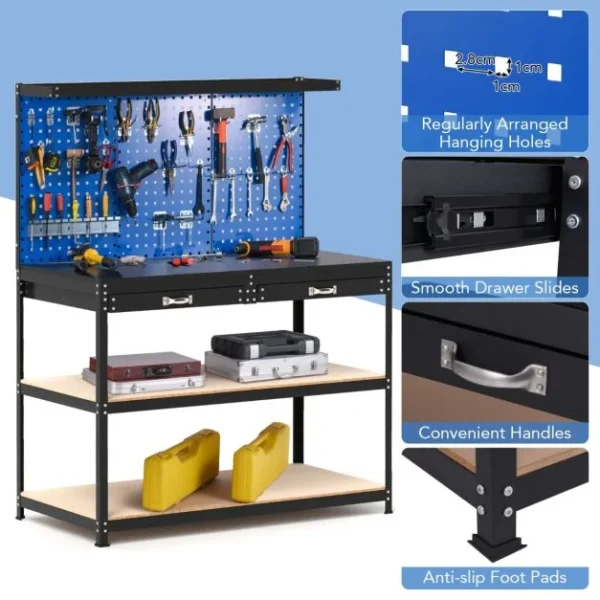 Pro-Tect Large Metal Workbench with Pegboard and Drawer and Shelves - Navy - Image 11