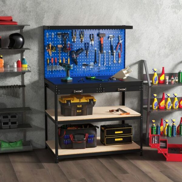 Pro-Tect Large Metal Workbench with Pegboard and Drawer and Shelves - Navy - Image 4