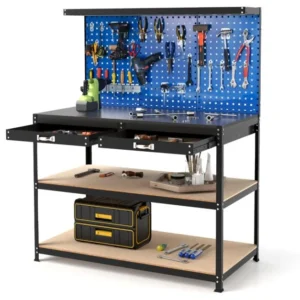 Pro-Tect Large Metal Workbench with Pegboard and Drawer and Shelves - Navy
