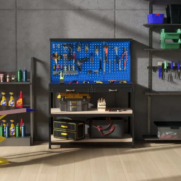 Pro-Tect Large Metal Workbench with Pegboard and Drawer and Shelves - Navy - Image 7