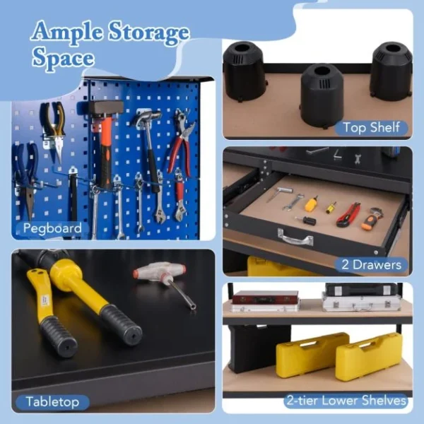 Pro-Tect Large Metal Workbench with Pegboard and Drawer and Shelves - Navy - Image 8