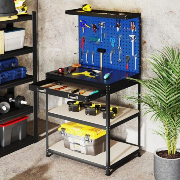 Pro-Tect Single Metal Workbench with Pegboard and Drawer and Shelves - Navy Blue - Image 3