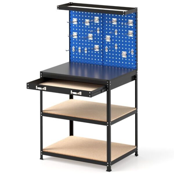 Pro-Tect Single Metal Workbench with Pegboard and Drawer and Shelves - Navy Blue - Image 5