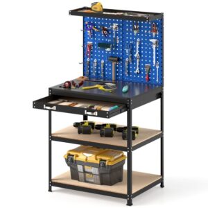 Pro-Tect Single Metal Workbench with Pegboard and Drawer and Shelves - Navy Blue