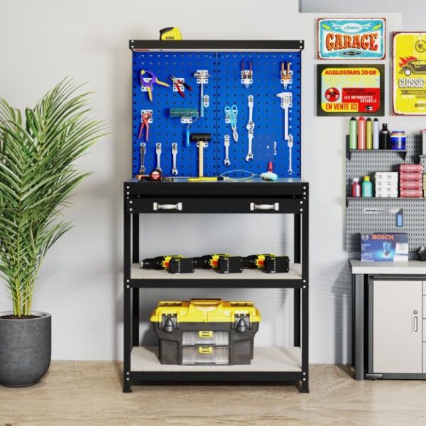 Pro-Tect Single Metal Workbench with Pegboard and Drawer and Shelves - Navy Blue - Image 7