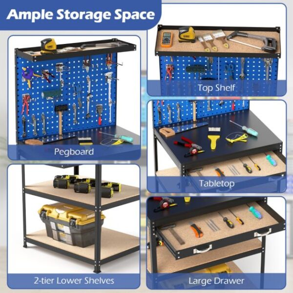 Pro-Tect Single Metal Workbench with Pegboard and Drawer and Shelves - Navy Blue - Image 8