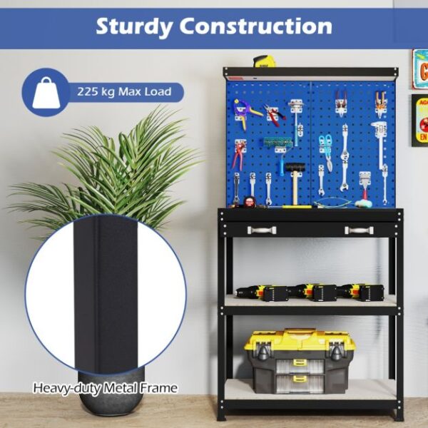 Pro-Tect Single Metal Workbench with Pegboard and Drawer and Shelves - Navy Blue - Image 9