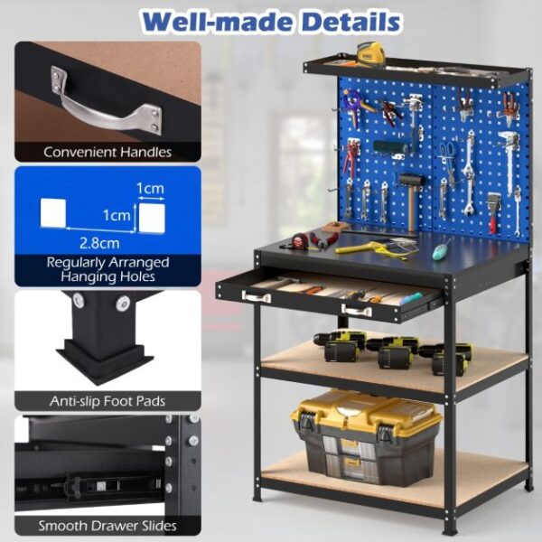 Pro-Tect Single Metal Workbench with Pegboard and Drawer and Shelves - Navy Blue - Image 10
