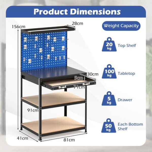 Pro-Tect Single Metal Workbench with Pegboard and Drawer and Shelves - Navy Blue - Image 2