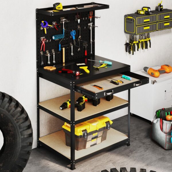 Pro-Tect Single Metal Workbench with Pegboard and Drawer and Shelves - Black - Image 3