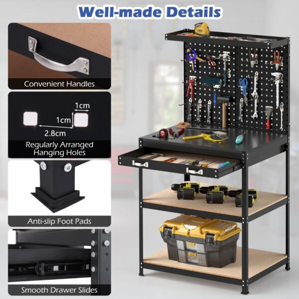 Pro-Tect Single Metal Workbench with Pegboard and Drawer and Shelves - Black - Image 11