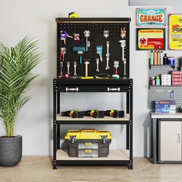 Pro-Tect Single Metal Workbench with Pegboard and Drawer and Shelves - Black - Image 4