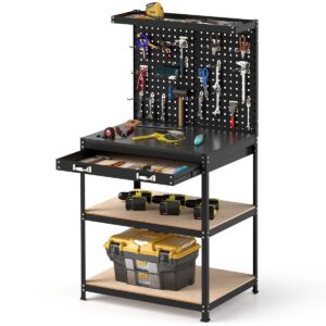 Pro-Tect Single Metal Workbench with Pegboard and Drawer and Shelves - Black