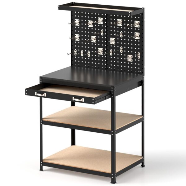Pro-Tect Single Metal Workbench with Pegboard and Drawer and Shelves - Black - Image 6