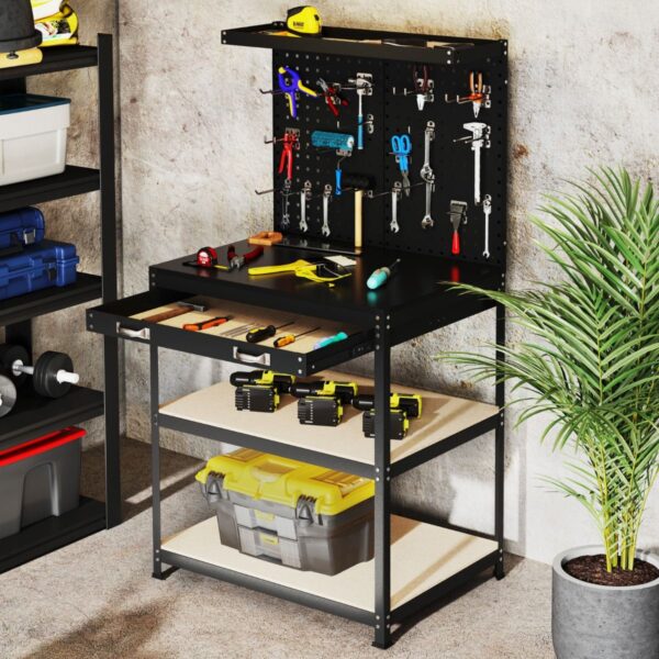 Pro-Tect Single Metal Workbench with Pegboard and Drawer and Shelves - Black - Image 7