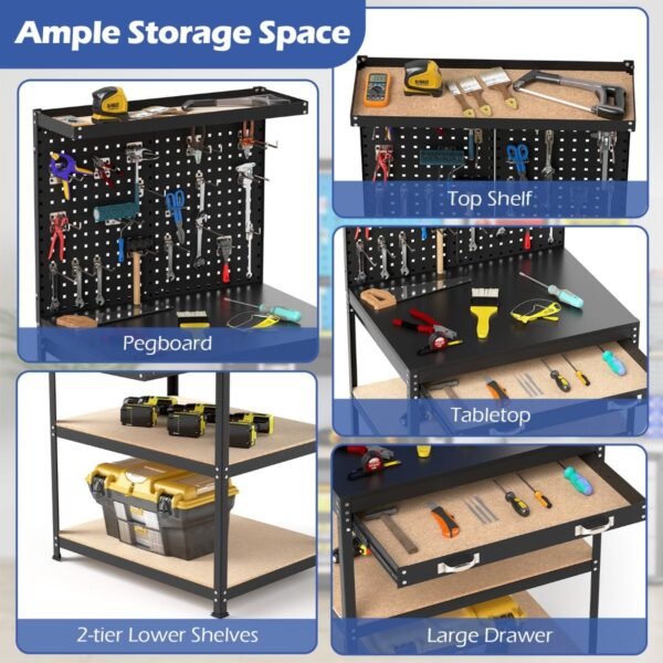 Pro-Tect Single Metal Workbench with Pegboard and Drawer and Shelves - Black - Image 9