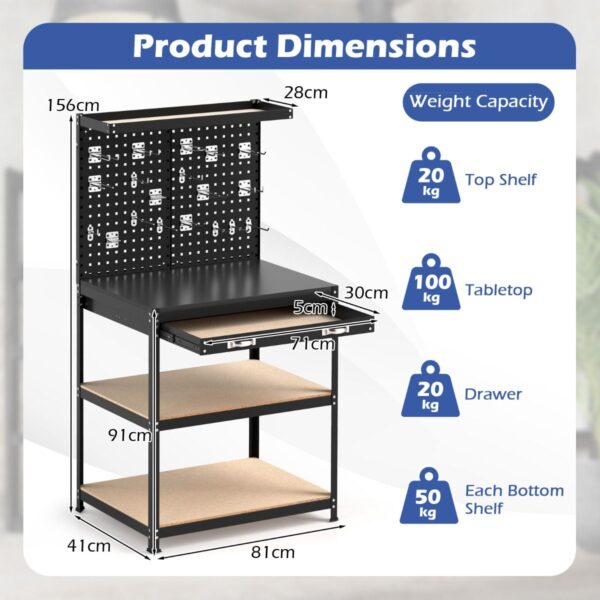 Pro-Tect Single Metal Workbench with Pegboard and Drawer and Shelves - Black - Image 2