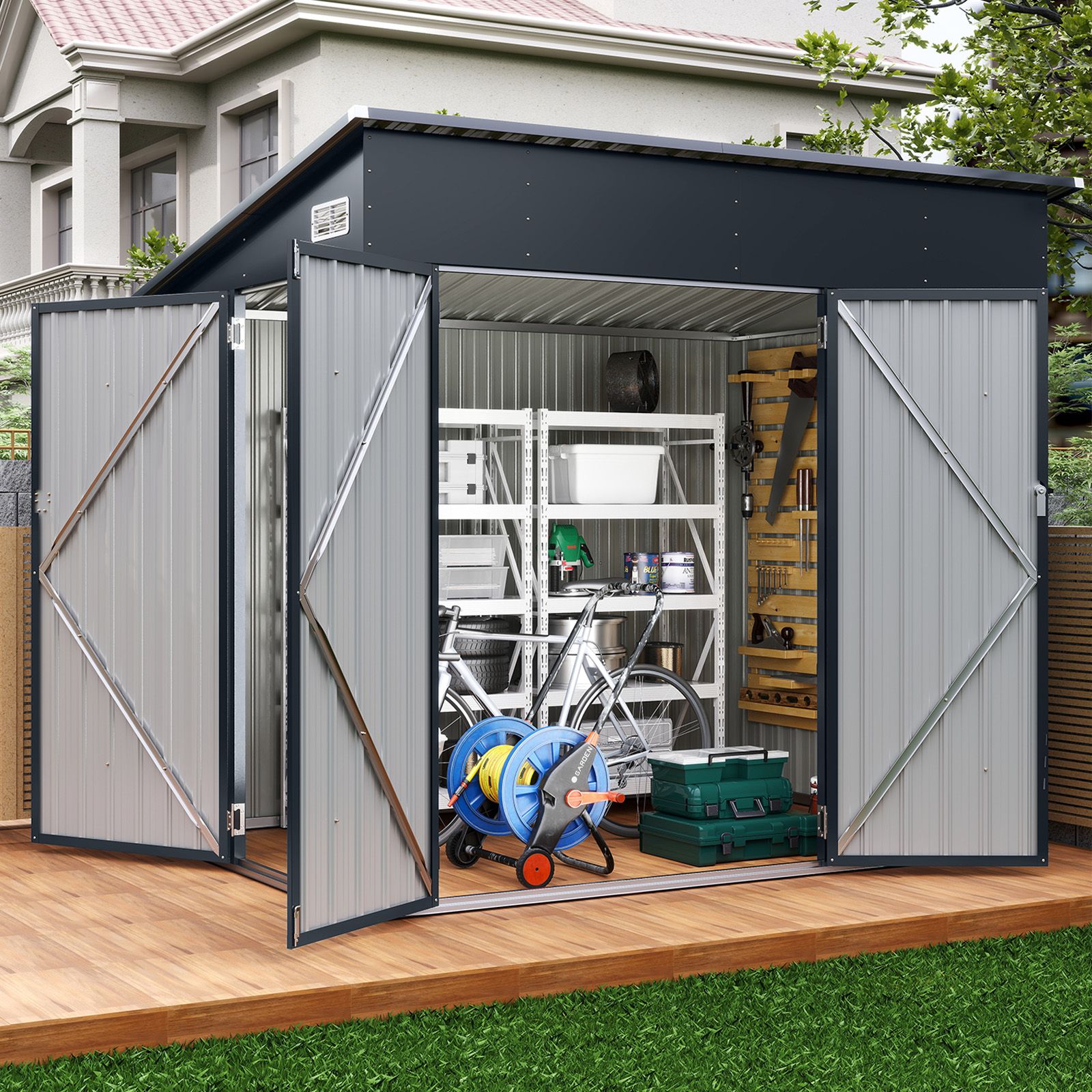 Pro-Tect 7.5'x5' Dual Entrance Metal Lean To Shed - Dark Grey
