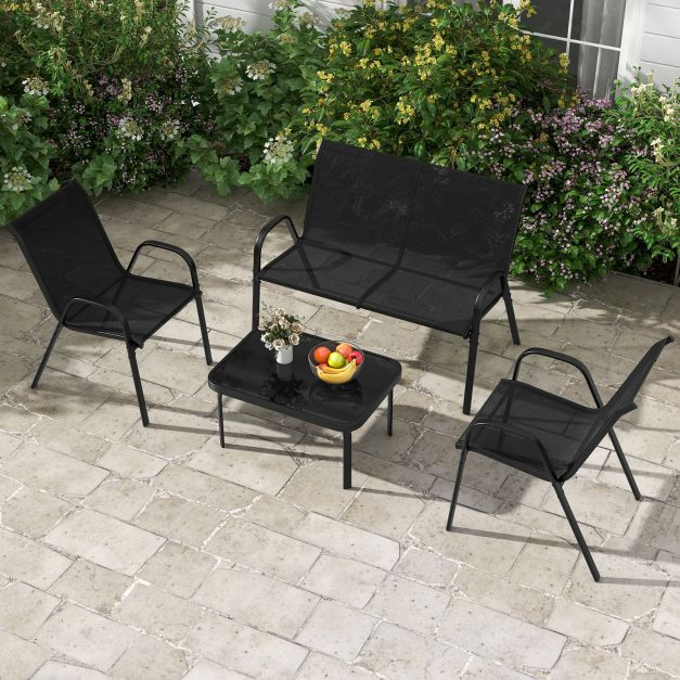 Pro-Tect 4 Piece Metal Chair and Tempered Glass Tabletop with Fabric Seat - Black