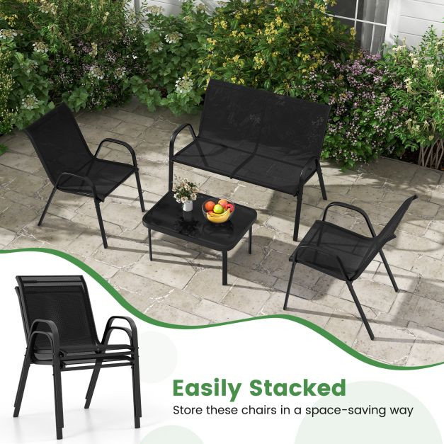 Pro-Tect 4 Piece Metal Chair and Tempered Glass Tabletop with Fabric Seat - Black - Image 11