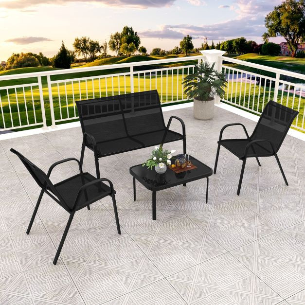 Pro-Tect 4 Piece Metal Chair and Tempered Glass Tabletop with Fabric Seat - Black - Image 4