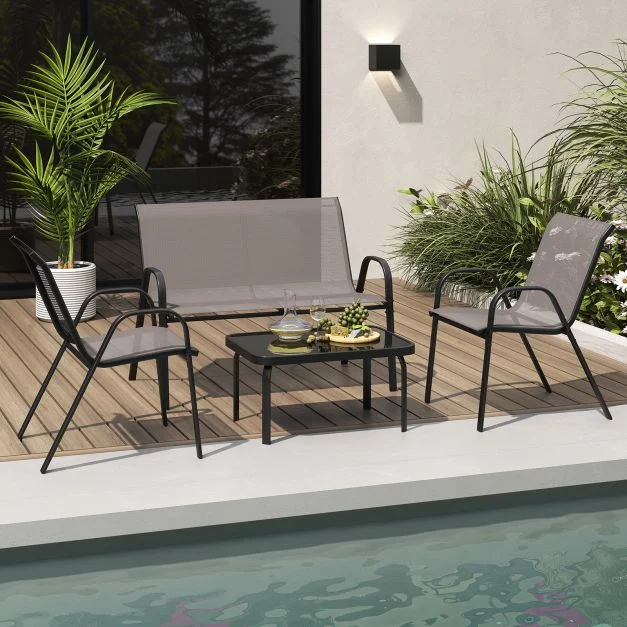 Pro-Tect 4 Piece Metal Chair and Tempered Glass Tabletop with Fabric Seat - Grey