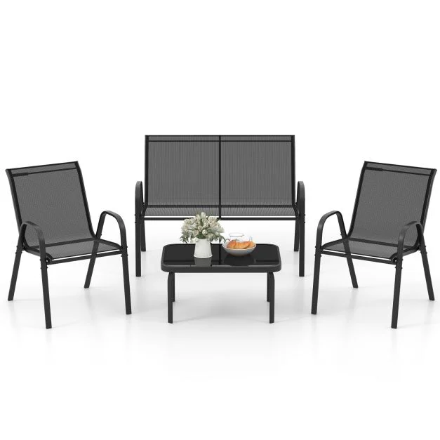 Pro-Tect 4 Piece Metal Chair and Tempered Glass Tabletop with Fabric Seat - Black - Image 5