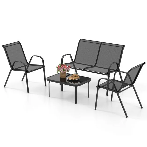 Pro-Tect 4 Piece Metal Chair and Tempered Glass Tabletop with Fabric Seat - Black - Image 6