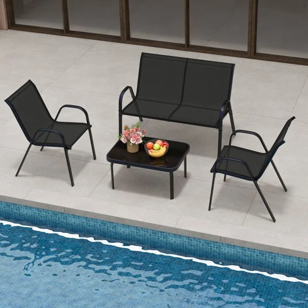 Pro-Tect 4 Piece Metal Chair and Tempered Glass Tabletop with Fabric Seat - Black - Image 7