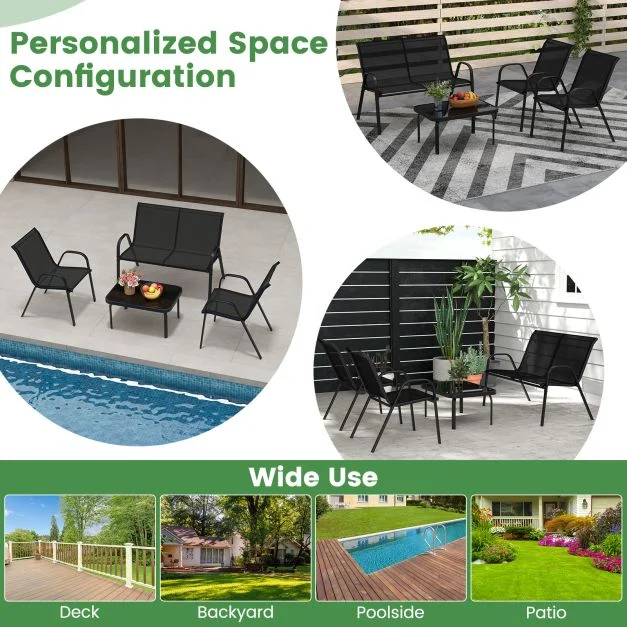 Pro-Tect 4 Piece Metal Chair and Tempered Glass Tabletop with Fabric Seat - Black - Image 8