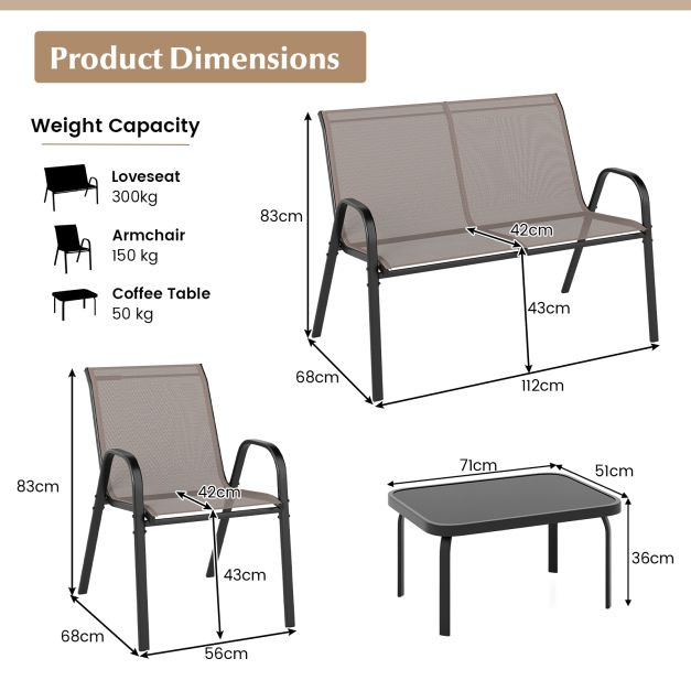 Pro-Tect 4 Piece Metal Chair and Tempered Glass Tabletop with Fabric Seat - Grey - Image 2