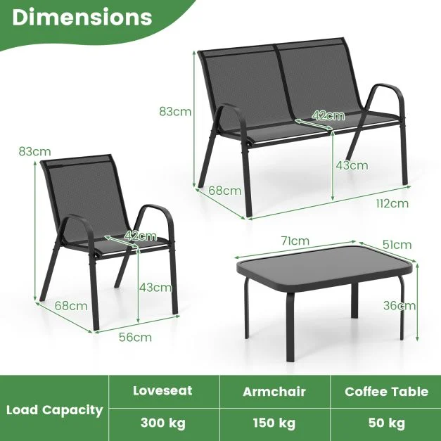 Pro-Tect 4 Piece Metal Chair and Tempered Glass Tabletop with Fabric Seat - Black - Image 2