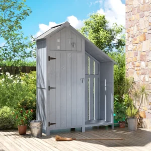 Outsunny Wooden Shed Utility Timber Garden Storage  with Firewood Rack Log Carrier - Grey