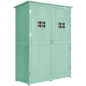 Outsunny 1.6'x 4.1' Fir Timber Door Garden Storage Cabinet with Windows- Green