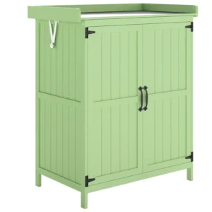 Outsunny Timber Garden Tool Storage Cabinet with Hinged Roof and Shelf - Green