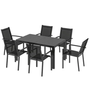 Outsunny 7 Piece Plastic Garden Dining Set with Woodlook Table Top - Black