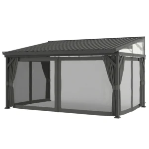 Outsunny 14'x10' Galvanised Steel Roof Lean to Pergola with Netting Curtains - Dark Grey