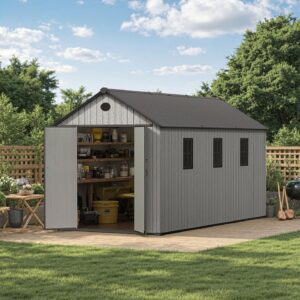 Living and Home 7.5' x15'  WoodField Woodgrain Plastic Apex Shed - Light Grey (Coming Soon)