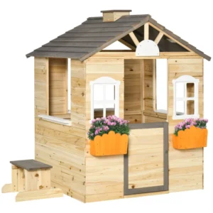 Outsunny Timber 3'x3' Wendyhouse Playhouse with Flowerpot Holder- Natural