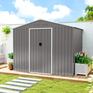 Outsunny 8ft x 6ft Metal Apex Double Door Garden Shed - Light Grey