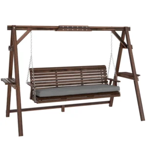 Outsunny Three-Seater Timber Swing Bench with Cushion and Side Trays - Carbonised Brown