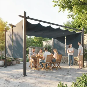 OutSunny 13’x10′ Aluminium Garden Pergola with Retractable Roof Canopy and Roll-Up Sides - Dark Grey