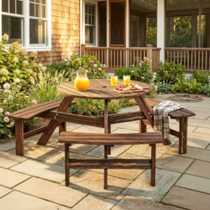 Outsunny Timber 6 Seater Patio Round Picnic Table - Carbonized Tan