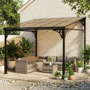Outsunny 10'x 9' Wall-Mounted Metal Lean-to Pergola Polycarbonate Roof - Brown