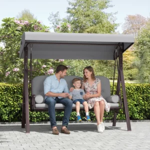 Outsunny 3 Seater Canopy Swing Chair with Cushions and Cup Trays - Light Grey