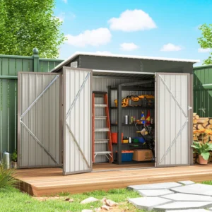 Outsunny 7.5' x 4.5' Double Hinged (Dual Entrance) Metal Pent Shed – Warm Light Grey