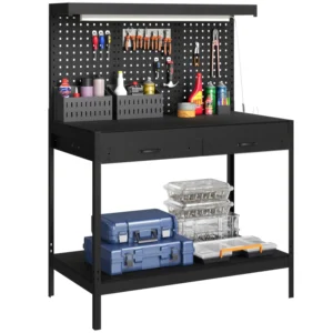 HOMCOM 110 cm Workbench Pegboard with Power Strip and LED Light - Black