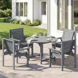 Outsunny Timber 5 Piece Garden Dining Set Round Outdoor Table - Grey