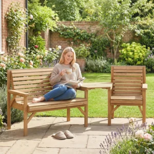 Outsunny Timber Timber Garden Furniture Set (Bench and Chair) with Detachable Table -Natural